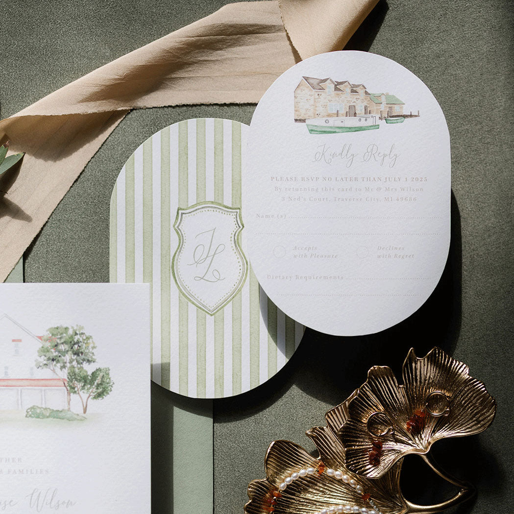 Shaped wedding RSVP cards with green pinstripe and custom wedding crest with initials